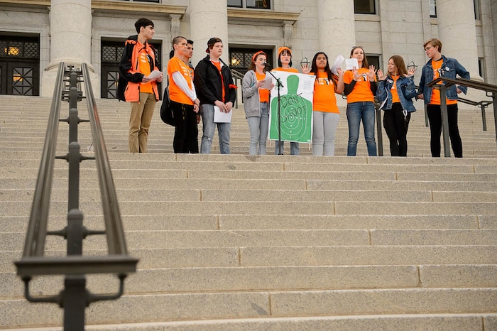 (Trent Nelson | The Salt Lake Tribune)  
High school students gathered at the Utah State Capitol in Salt Lake City to mark the anniversary of the Columbine High School massacre and call for action against gun violence, Friday April 20, 2018.