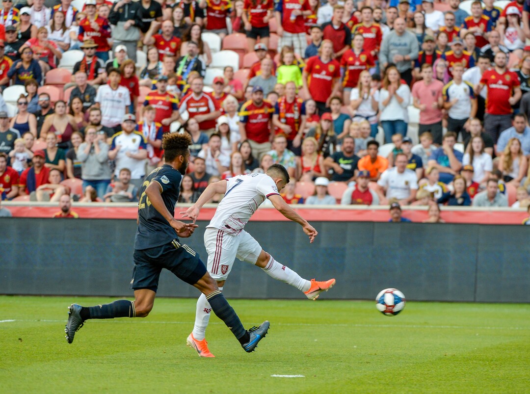(Leah Hogsten  |  The Salt Lake Tribune) Real Salt Lake forward Jefferson Savarino (7) fires a goal past Philadelphia Union goalkeeper Andre Blake (18). Real Salt Lake hosts Philadephia Union in MLS Soccer at Rio Tinto Stadium in Sandy, Utah on Sat, July 13, 2019.