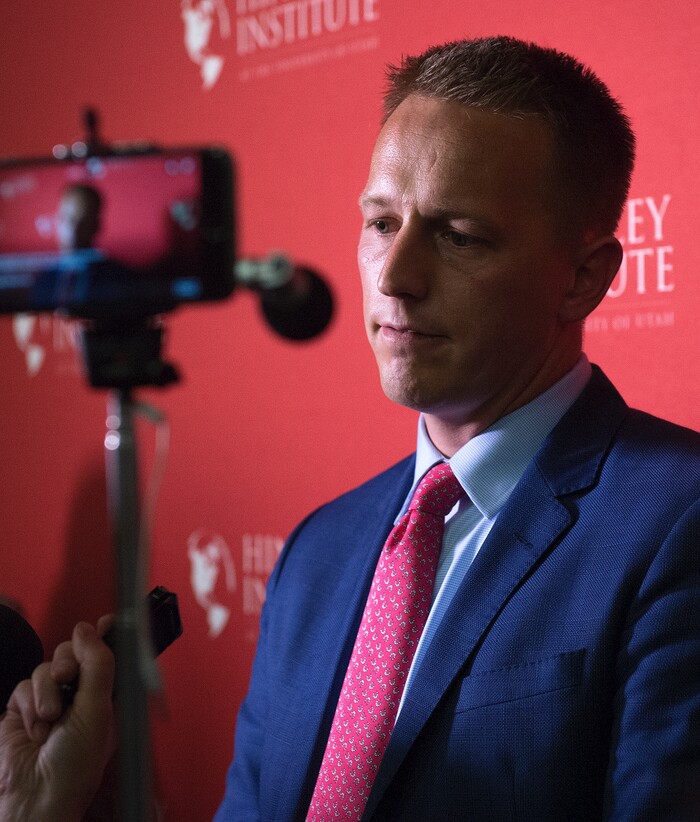 Leah Hogsten | The Salt Lake Tribune
Third District primary candidate businessman Tanner Ainge fields questions from the media after The Salt Lake Tribune-Hinckley Institute of Politics debate, July 28, 2017, at the Utah Valley Convention Center in Provo. The primary will be held Aug. 15.