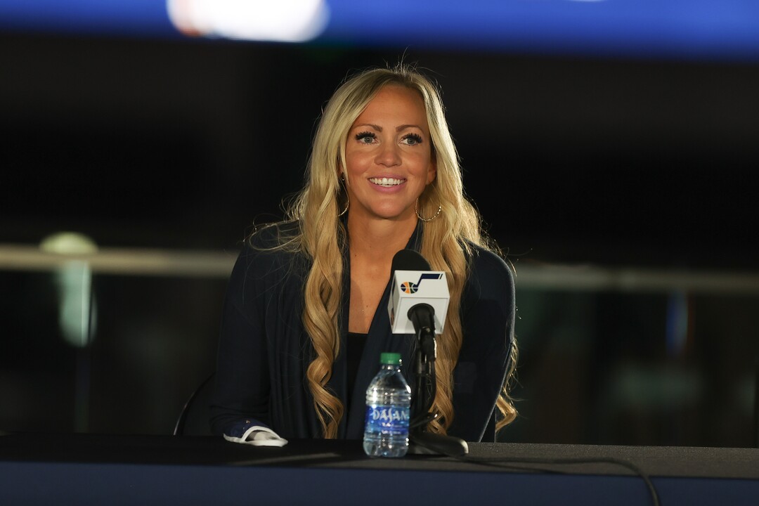(Photo courtesy Utah Jazz/Melissa Majchrzak) Ashley Smith talks about her and her husband's plans to buy the Jazz and and other sports and entertainment properties from the Miller family on October 28, 2020.
