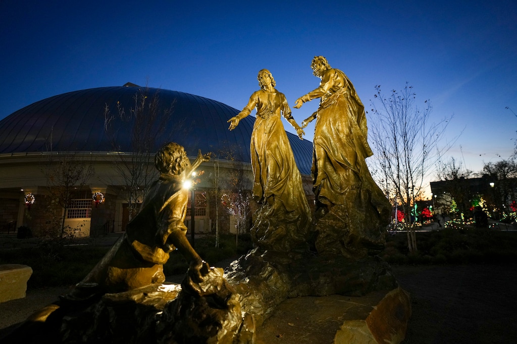 (Bethany Baker  |  The Salt Lake Tribune) A new statue depicting church founder Joseph Smith's "First Vision" is seen on Salt Lake City's Temple Square on Saturday, Nov. 30, 2024.