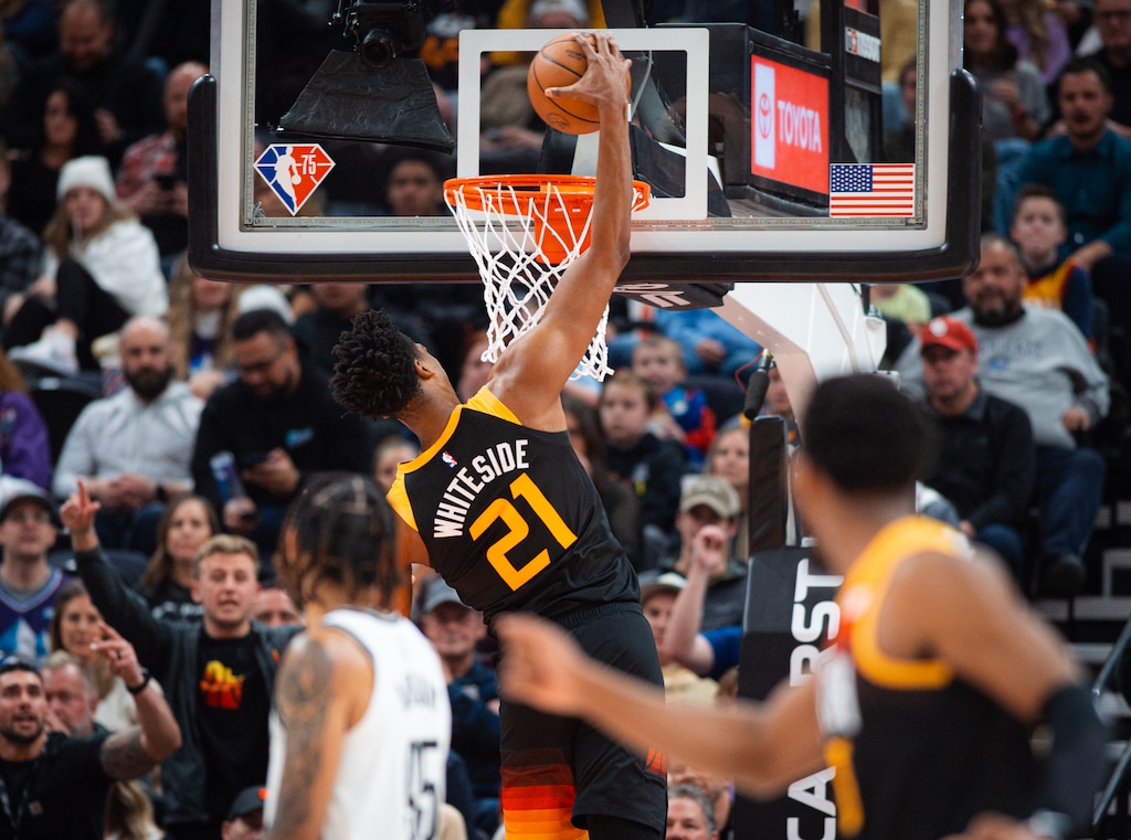(Rachel Rydalch | The Salt Lake Tribune) Hassan Whiteside takes it to the rim during a home game against the Brooklyn Nets on Friday, Feb. 4, 2022.