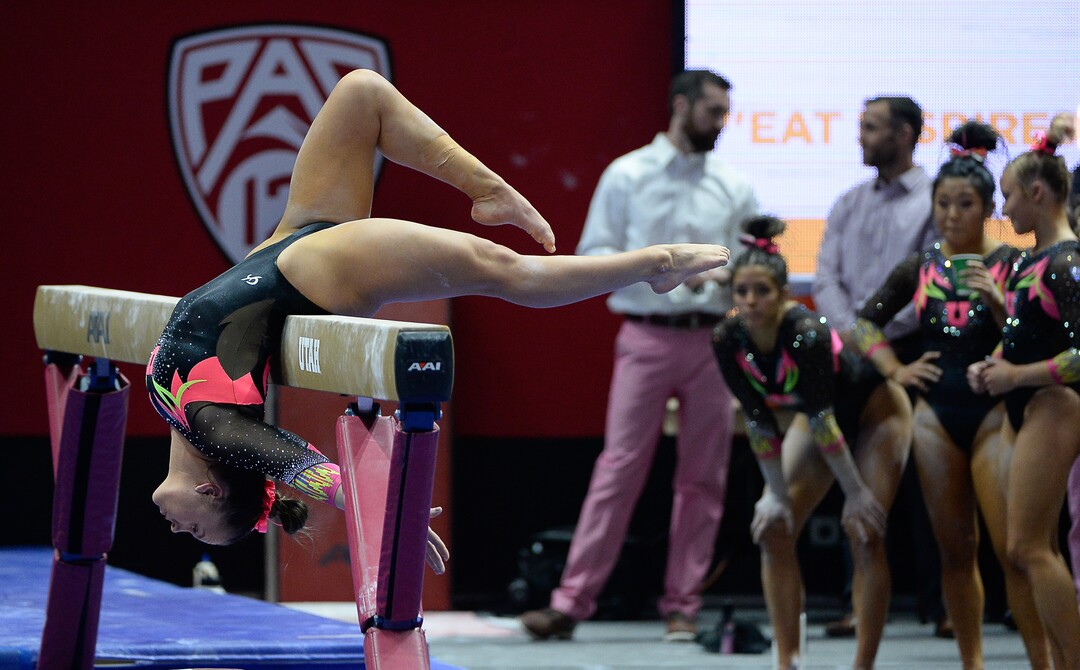 (Francisco Kjolseth  |  The Salt Lake Tribune) Maile O'Keefe mounts the beam as the fourth-ranked University of Utah Red Rocks gymnastics team host Stanford, Friday, March 6, 2020, at the Jon M. Huntsman Center in Salt Lake City.