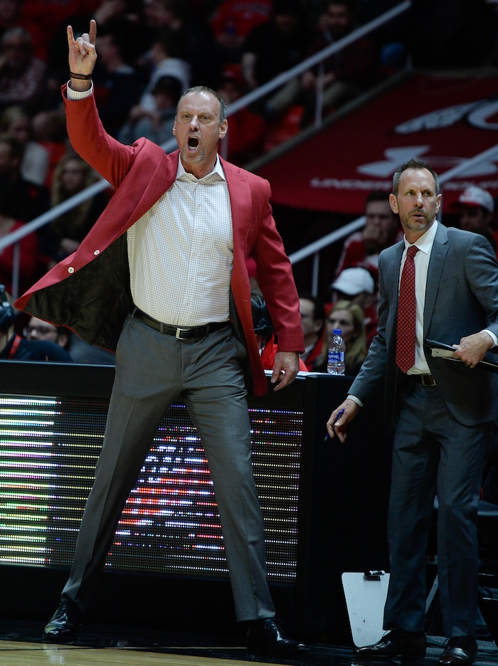(Francisco Kjolseth  |  The Salt Lake Tribune)  Utah coach Larry Krystkowiak yells out to his players as the University of Utah hosts UCLA in NCAA basketball at the Huntsman Center in Salt Lake City, Thursday, Feb. 22, 2018.