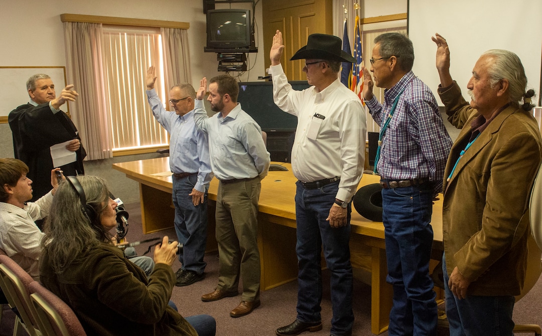 (Rick Egan  |  The Salt Lake Tribune)   
Newly elected county officials are sworn in by Judge Lyon Hazleton. L-R Greg Adams, John David Nielson, Bruce Adams, Kenneth Maryboy and Willie Grayeyes, at the San Juan County Courthouse in Monticello, Monday, Jan. 7, 2019.