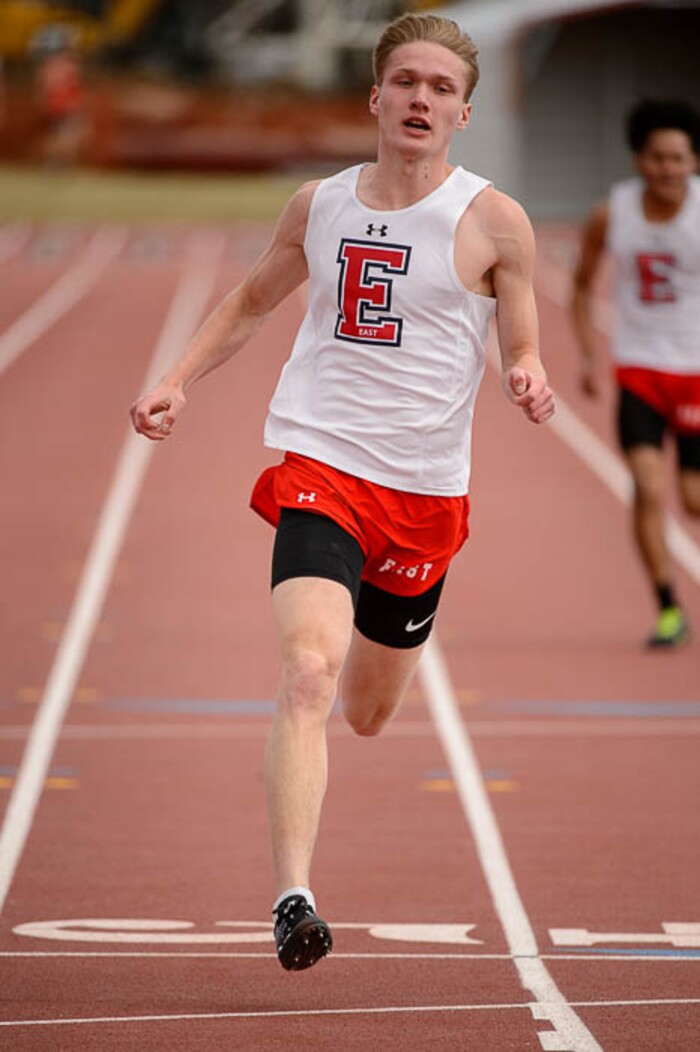 (Trent Nelson | The Salt Lake Tribune)  East track star Will Prettyman, one of the state's best long jumpers and sprinters, competing in the 100m, Thursday April 5, 2018.