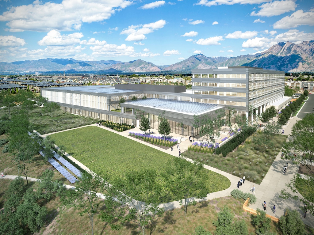 (Rendering courtesy of Zions Bancorporation) Zions Bank broke ground Wednesday on a new 400,000 square foot technology campus and corporate headquarters on the former Sharon Steel Mill site in Midvale.
