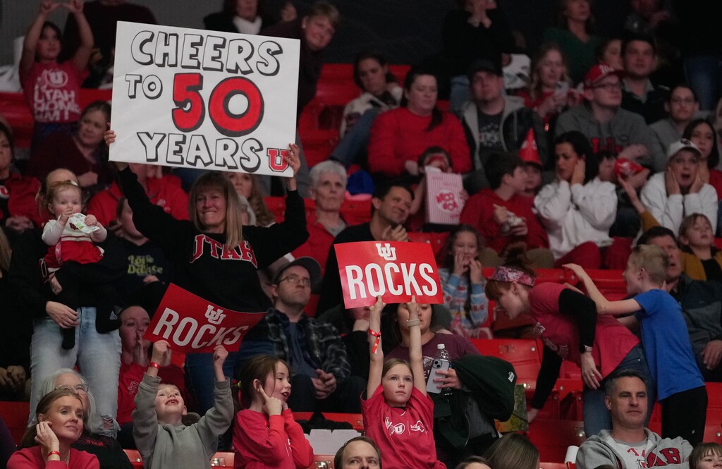 (Francisco Kjolseth | The Salt Lake Tribune) Fans celebrate the Utah Red Rocks 50 years during a gymnastics meet against Arizona at the Huntsman Center in Salt Lake City on Friday, February. 7, 2025. The University of Utah won.