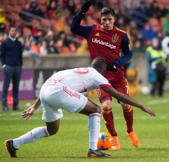 (Rick Egan  |  The Salt Lake Tribune)      Real Salt Lake forward Jefferson Savarino (7) tries to get past New York Red Bulls defender Fidel Escobar (29) in MLS action between Real Salt Lake and New York Red Bulls at Rio Tinto Stadium, Saturday, March 17, 2018.


