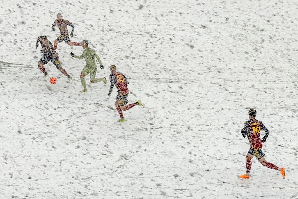 (Trent Nelson  |  The Salt Lake Tribune) Snow falls as Real Salt Lake hosts LAFC, MLS soccer in Sandy on Saturday, March 2, 2024.