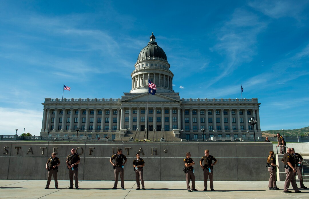 (Rick Egan  |  The Salt Lake Tribune)     The Highway Patrol takes their places infant of the Utah State Capitol ,Monday, June 1, 2020.