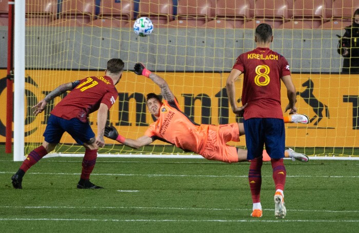 (Francisco Kjolseth  |  The Salt Lake Tribune) Real Salt Lake midfielder Albert Rusnak (11) gets the first goal of the night over Los Angeles Galaxy goalkeeper David Bingham (1) on a penalty kick as Real Salt Lake hosts L.A. Galaxy at Rio Tinto Stadium in Sandy on Wednesday, Sept. 23, 2020.
