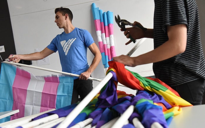 (Francisco Kjolseth | The Salt Lake Tribune) Ballet West dancer Lucas Horns, left, who volunteers on Sundays at the VOA Youth Resource Center, where he leads an LGBTQ support group, engages with some of the youth he mentors through a project for the upcoming Transgender Day of Remembrance. Horns who sees first hand the correlation between LGBTQ youth and homelessness says "I feel a responsibility for us lucky people to pay it forward."