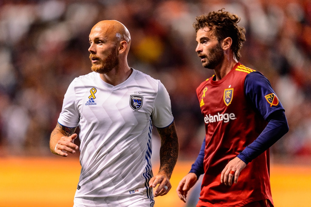 (Trent Nelson | The Salt Lake Tribune)
San Jose Earthquakes midfielder Magnus Eriksson (7) and Real Salt Lake midfielder Kyle Beckerman (5) as Real Salt Lake hosts the San Jose Earthquakes, MLS soccer at Rio Tinto Stadium in Sandy on Wednesday Sept. 11, 2019.