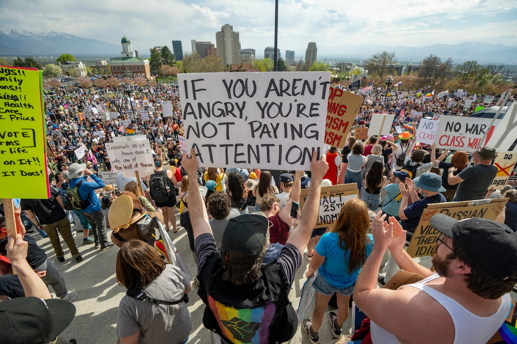(Rick Egan | The Salt Lake Tribune) Protesters gather at the Capitol during the No Kings Rally on Saturday, March 28, 2026.


