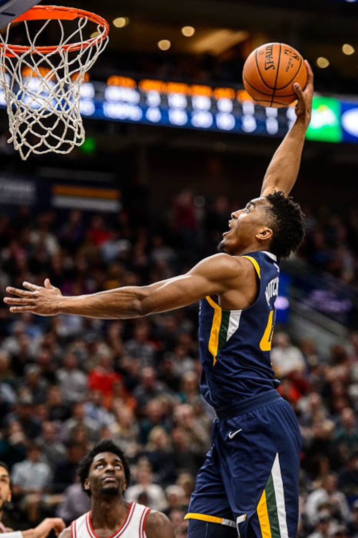(Trent Nelson | The Salt Lake Tribune)  Utah Jazz guard Donovan Mitchell (45) goes up for a dunk (missed) as the Utah Jazz host the Chicago Bulls, NBA basketball in Salt Lake City Wednesday November 22, 2017.