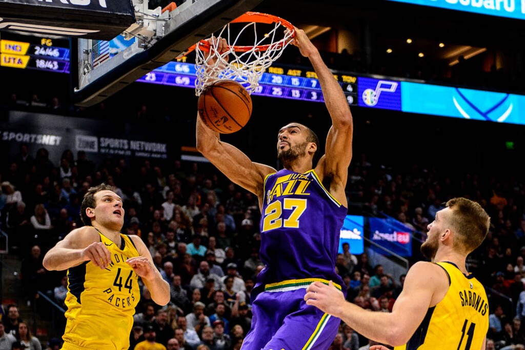 (Trent Nelson | The Salt Lake Tribune)  Utah Jazz center Rudy Gobert (27). Utah Jazz v Indiana Pacers, NBA basketball at Vivint SmartHome Arena in Salt Lake City on Monday Nov. 26, 2018.