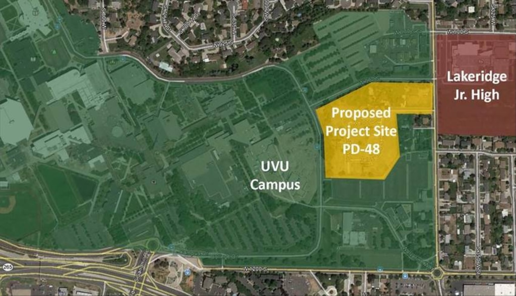 (Courtesy Woodbory Corp.) A map of Orem shows the proposed location for a high-density student housing complex near Utah Valley University.