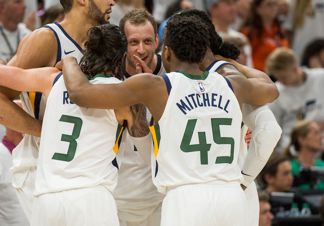 (Rick Egan  |  The Salt Lake Tribune)  The Utah Jazz huddle together during a review of a play, in game 4, NBA playoff action between Utah Jazz and Oklahoma City Thunder, in Salt Lake City, Monday April 23, 2018.