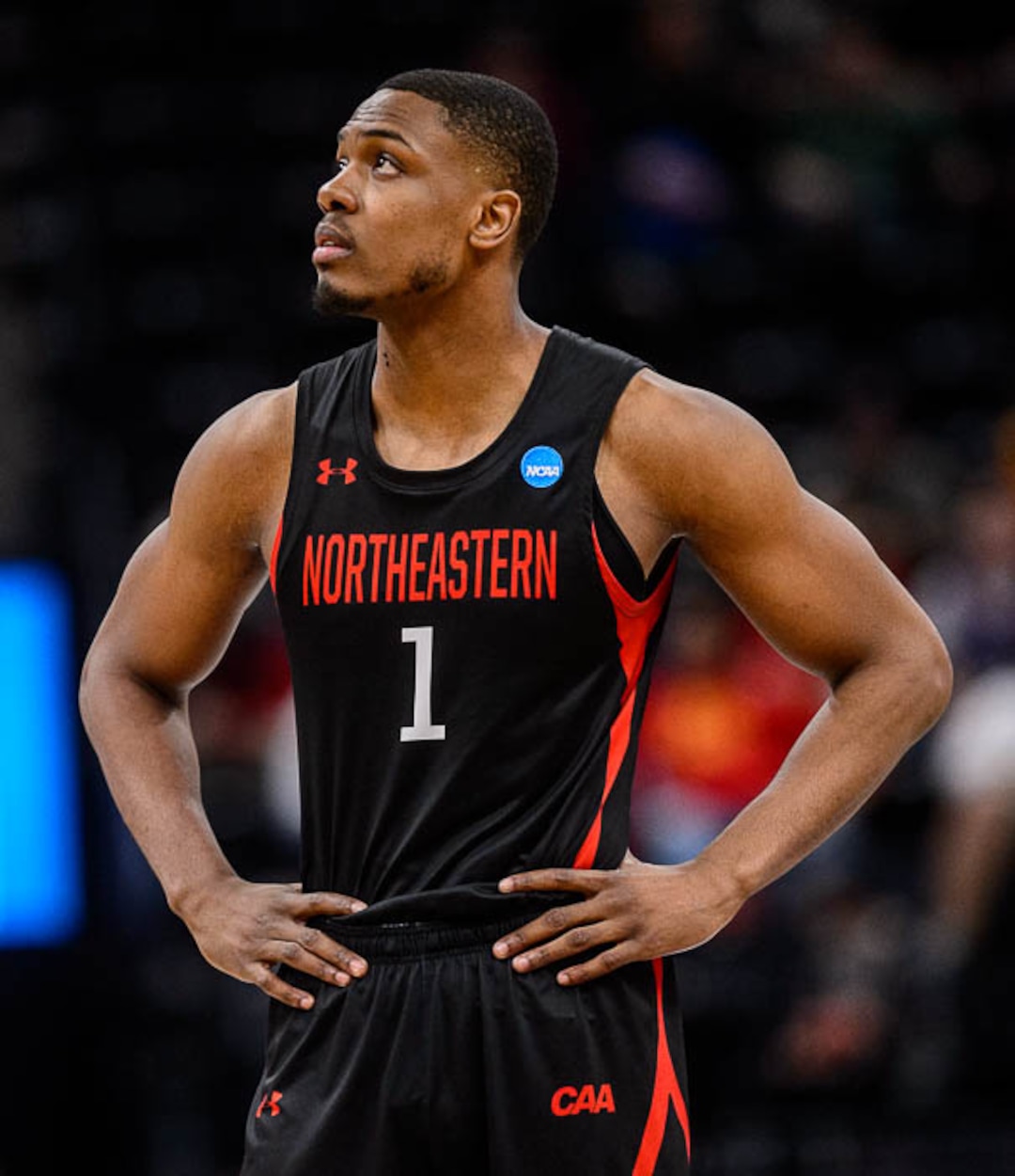 (Trent Nelson | The Salt Lake Tribune)  Northeastern Huskies guard Shawn Occeus (1) as Kansas faces Northeastern in the 2019 NCAA Tournament in Salt Lake City on Thursday March 21, 2019.