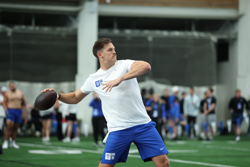 (BYU Athletics) Former Cougars quarterback Jake Retzlaff participates in pro day activities in Provo on March 20, 2026.