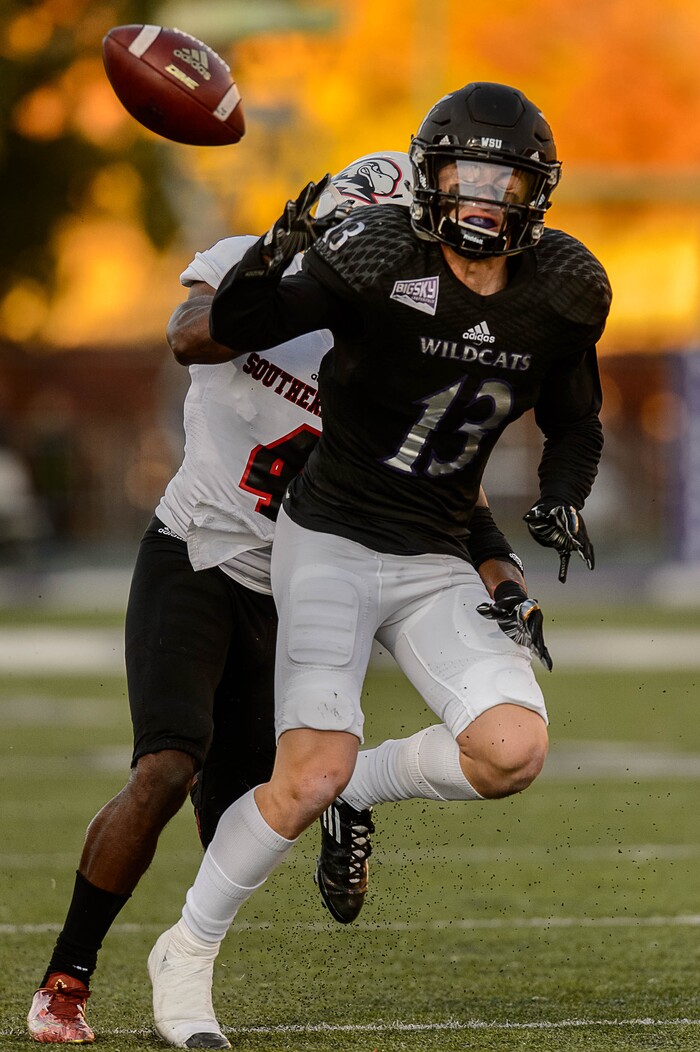 (Trent Nelson | The Salt Lake Tribune)  Weber State Wildcats wide receiver Drew Batchelor (13) watches the ball bounce as Weber State hosts Southern Utah, NCAA football in Ogden Saturday October 14, 2017.
