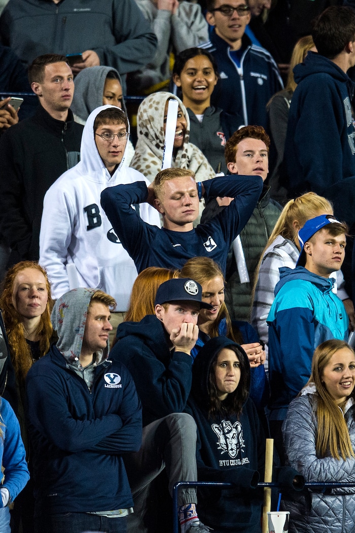 (Chris Detrick  |  The Salt Lake Tribune)  Brigham Young Cougars fans watch during the game LaVell Edwards Stadium Friday, October 6, 2017. Boise State Broncos defeated Brigham Young Cougars 24-7.