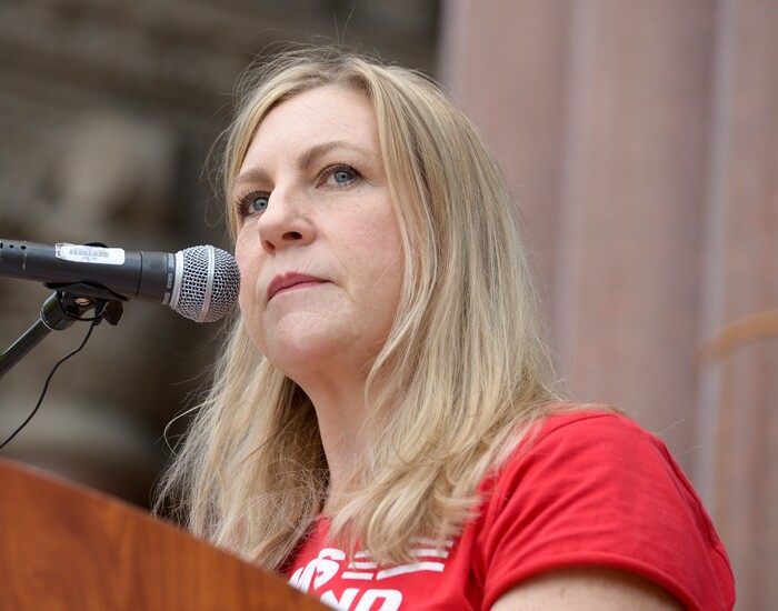 (Leah Hogsten  |  The Salt Lake Tribune) "You can"t sweep us under the rug any longer," said mass shooting victim Carolyn Tuft. Tuft was shot and her 15-year-old daughter killed at the February 2007 mass shooting at Trolley Square in downtown Salt Lake City. Tuft said she throws up every morning from the 300 lead pellets poisoning her body. Members of Moms Demand Action for Gun Sense in America gathered at Washington Square Park to demand change in gun laws in reaction to the August mass shootings in Dayton, Ohio and El Paso, Texas, and the hundreds of Americans who are wounded and killed by gun violence every day.