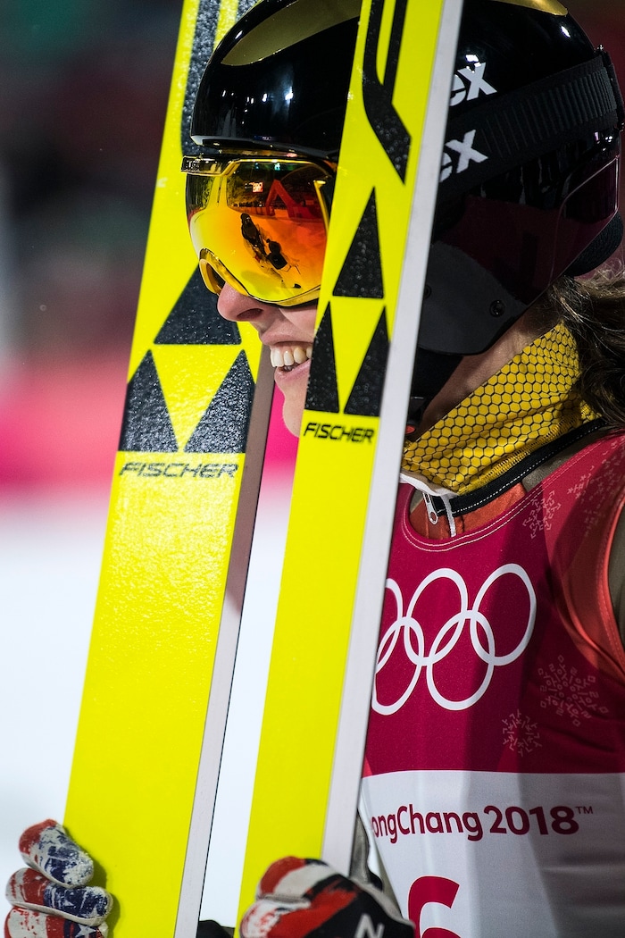 (Chris Detrick  |  The Salt Lake Tribune)  USA's Abby Ringquist after competing in the Ladies' Normal Hill Individual at the Alpensia Ski Jumping during the Pyeongchang 2018 Winter Olympics Monday, February 12, 2018.  Ringquist finished in 29th place with a total of 144.4.
