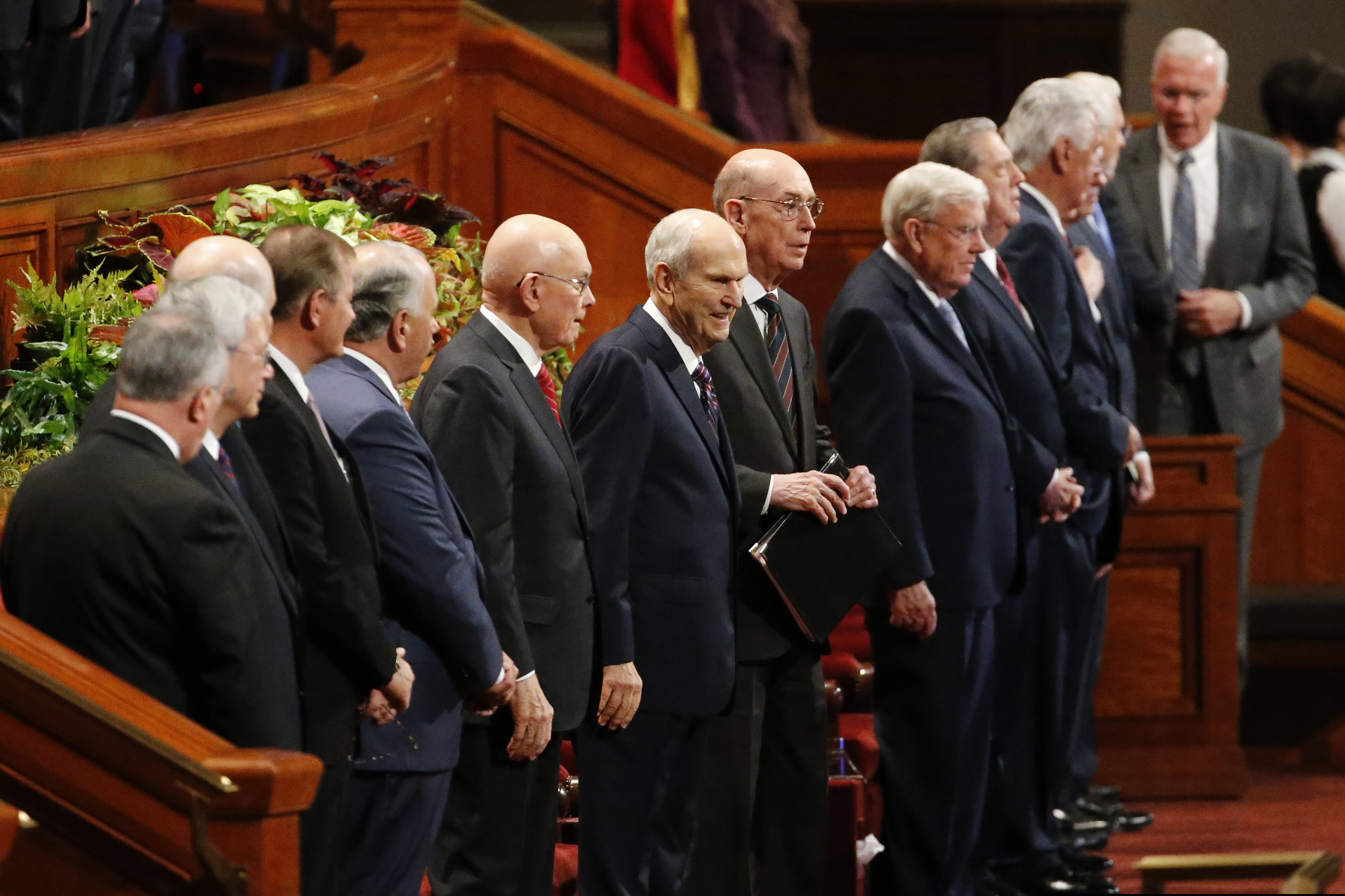 (Rick Bowmer | AP) The Church of Jesus Christ of Latter-day Saints' President Russell M. Nelson, center, enters for a twice-annual church conference Saturday, Oct. 5, 2019, in Salt Lake City. Nelson has rolled out a number of policy changes during his first two years at the helm of the faith, leading to heightened anticipation for what he may announce at this weekend's conference in Salt Lake City.
