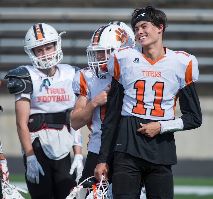 (Rick Egan  |  The Salt Lake Tribune)  Ogden football players share a laugh during practice. The mood at practice has changed after the team broke its 36-game losing streak last week. Wednesday, September 13, 2017.