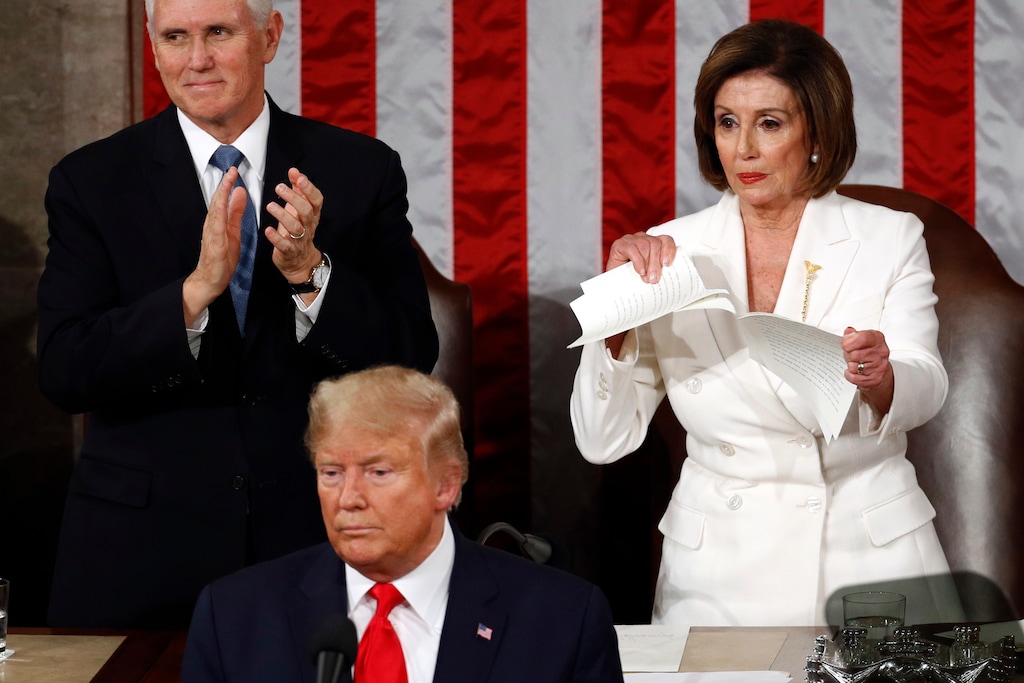 (AP Photo | Patrick Semansky) House Speaker Nancy Pelosi of Calif., tears her copy of President Donald Trump's s State of the Union address after he delivered it to a joint session of Congress on Capitol Hill in Washington, Tuesday, Feb. 4, 2020. Vice President Mike Pence is at left.