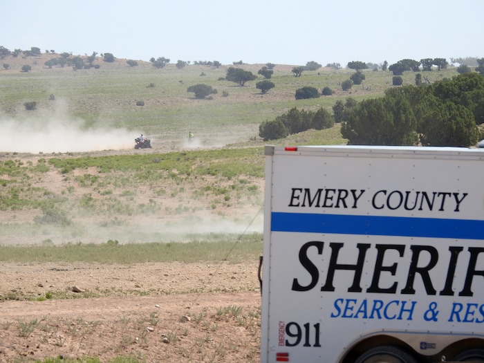 Photo courtesy of Laurie Kline
Individuals on ATV's and motorcycles, some with Emery County Search and Rescue shirts and trailers, were alleged by a citizen to have been involved in hazing about 80 wild horses in the McCay Flats area of the San Rafael Swell July 9. The sheriff's department said the volunteers were in the vicinity for an unrelated reason.