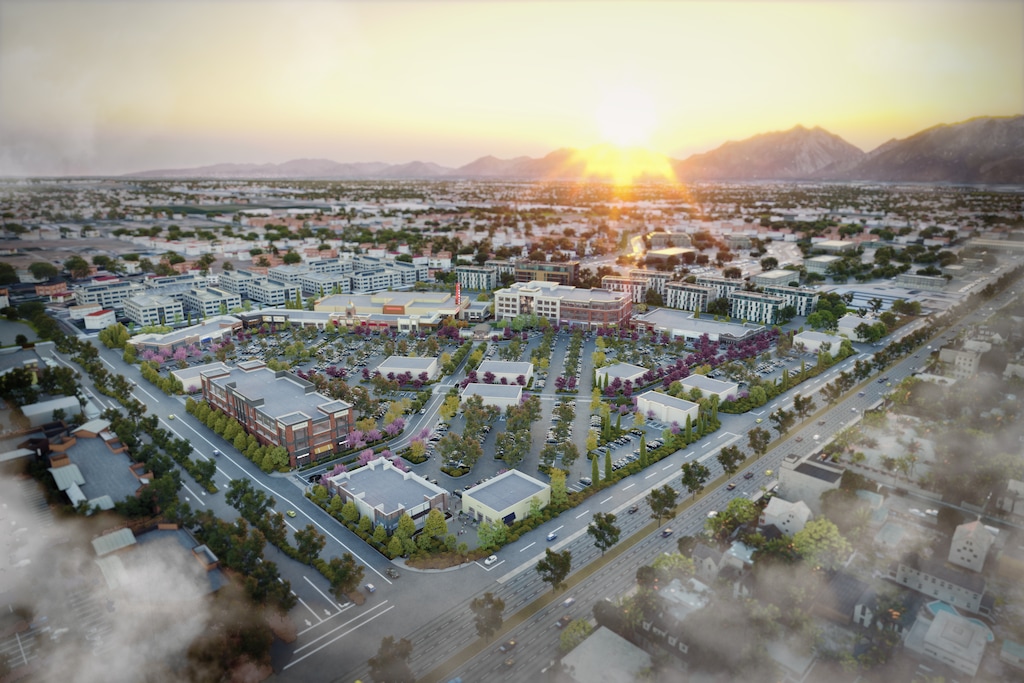 (Renderings courtesy of CenterCal Properties) Developers with the California company CenterCal have unveiled a second phase for Mountain View Village, the shopping, residential and office development in Riverton. A northeast-facing aerial view of Phase II with the sun rising over the Wasatch Mountains.