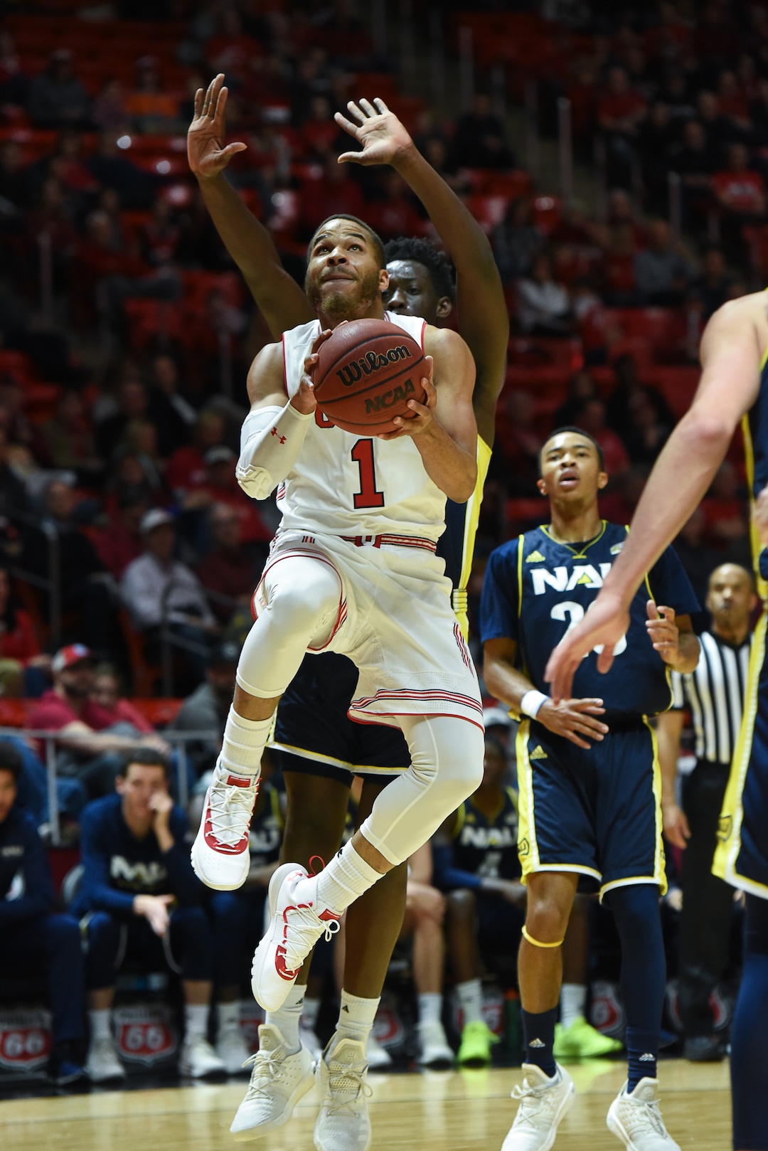 (Francisco Kjolseth  |  The Salt Lake Tribune)  Utah Utes guard Charles Jones Jr (1) moves past Northern Arizona in Men's Basketball at the Jon M Huntsman Center in Salt Lake City, Utah, on Friday, Dec. 21, 2018.