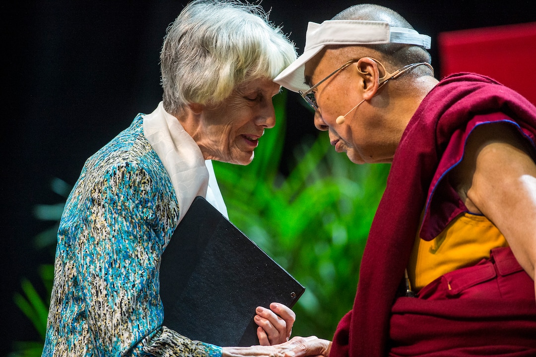 (Chris Detrick | The Salt Lake Tribune) Pamela Atkinson greets the Dalai Lama at the Huntsman Center at the University of Utah, Tuesday June 21, 2016. 