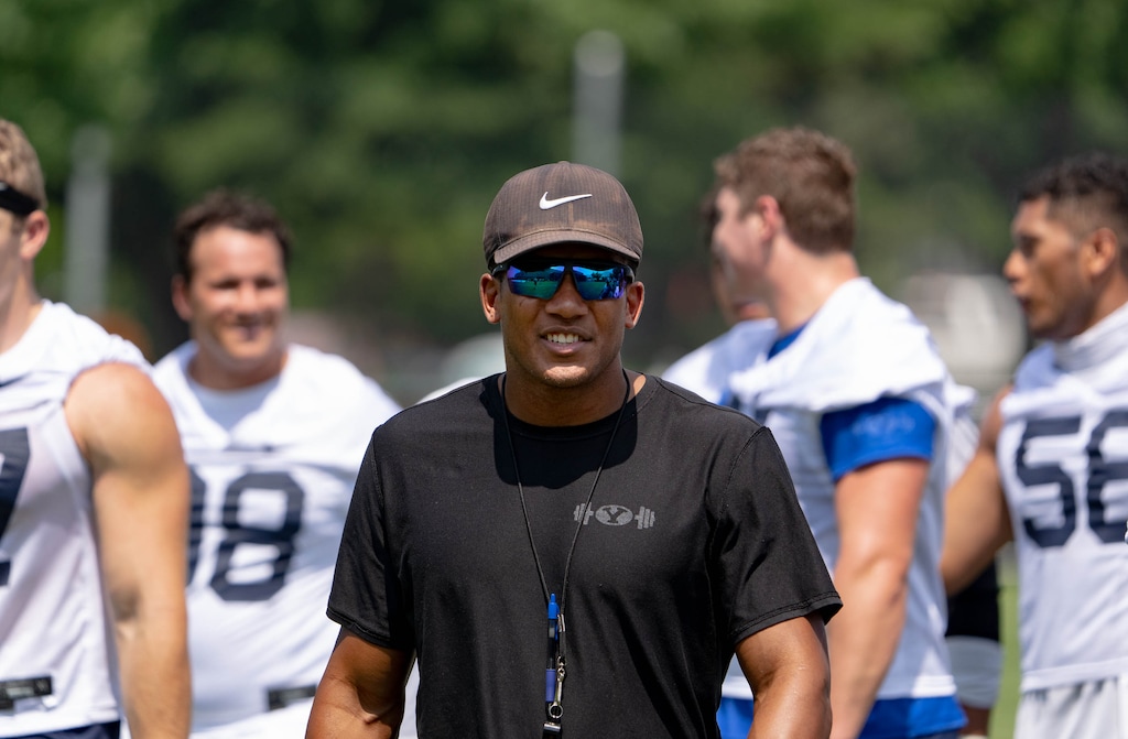 (Francisco Kjolseth | The Salt Lake Tribune) BYU defensive end coach Preston Hadley wraps for the day following fall camp on Thursday, Aug. 5, 2021.