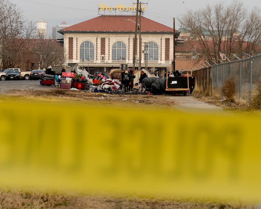 (Leah Hogsten  |  The Salt Lake Tribune) Salt Lake City Police continued policing the removal of homeless camps for the second day near the Rio Grande area, Dec. 10, 2020. 