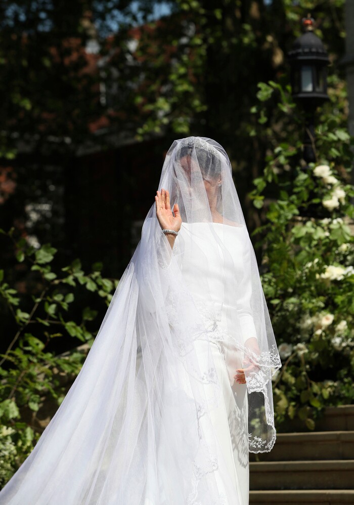 Meghan Markle and her bridal party arrive for the wedding ceremony of Prince Harry and Meghan Markle at St. George's Chapel in Windsor Castle in Windsor, near London, England, Saturday, May 19, 2018. (Ben Birchhall/pool photo via AP)