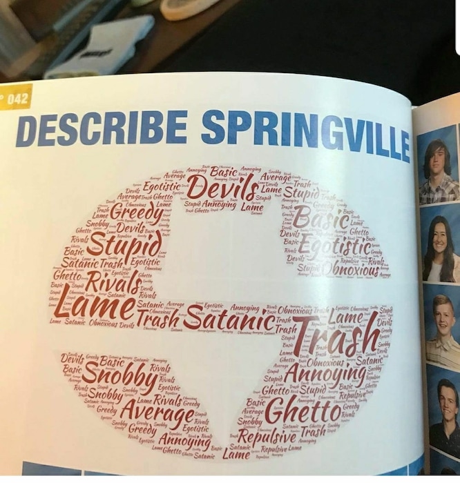 (Provided to The Salt Lake Tribune) A page from Maple Mountain High School's yearbook, featuring a word cloud describing the school's inner-district rivals, Springville High School, as "greedy," "stupid," "ghetto," and other derogatory terms.