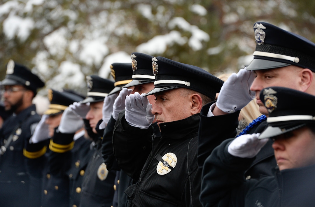 (Francisco Kjolseth  |  The Salt Lake Tribune)  Hundreds of police officers attend funeral services for fellow officer  David Romrell at Larkin Sunset Gardens Cemetery in Sandy, Wed. Dec. 5, 2018.