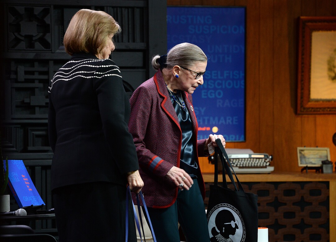 (Scott Sommerdorf   |  The Salt Lake Tribune)   Supreme Court Justice Ruth Bader Ginsburg leaves the stage to a standing ovation after being interviewed at Sundance's Cinema Cafe by NPR's Nina Totenberg, in connection with the documentary "RBG", Sunday, January 21, 2018.