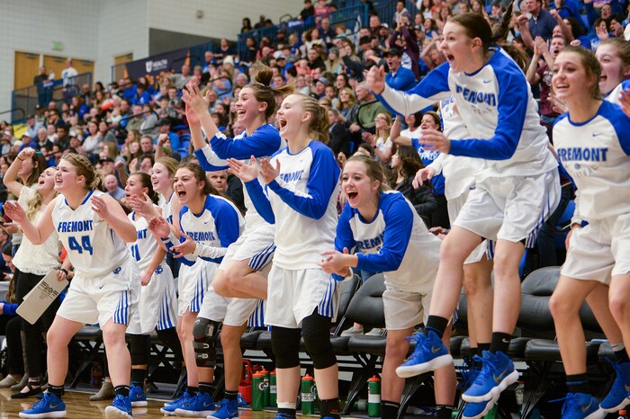 (Leah Hogsten  |  The Salt Lake Tribune) Fremont celebrates play in the second half. Fremont defeated Bingham 61-47 to win the 6A High School Girls' Basketball Tournament title at SLCC in Taylorsville,Saturday, Feb. 24, 2018. 