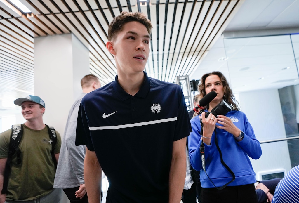 (Francisco Kjolseth | The Salt Lake Tribune) BYU basketball player Egor Demin arrives for the announcement of his plans to enter the NBA Draft, where he would likely be a first-round pick in June, during a news event in Provo on Tuesday, April 8, 2025.