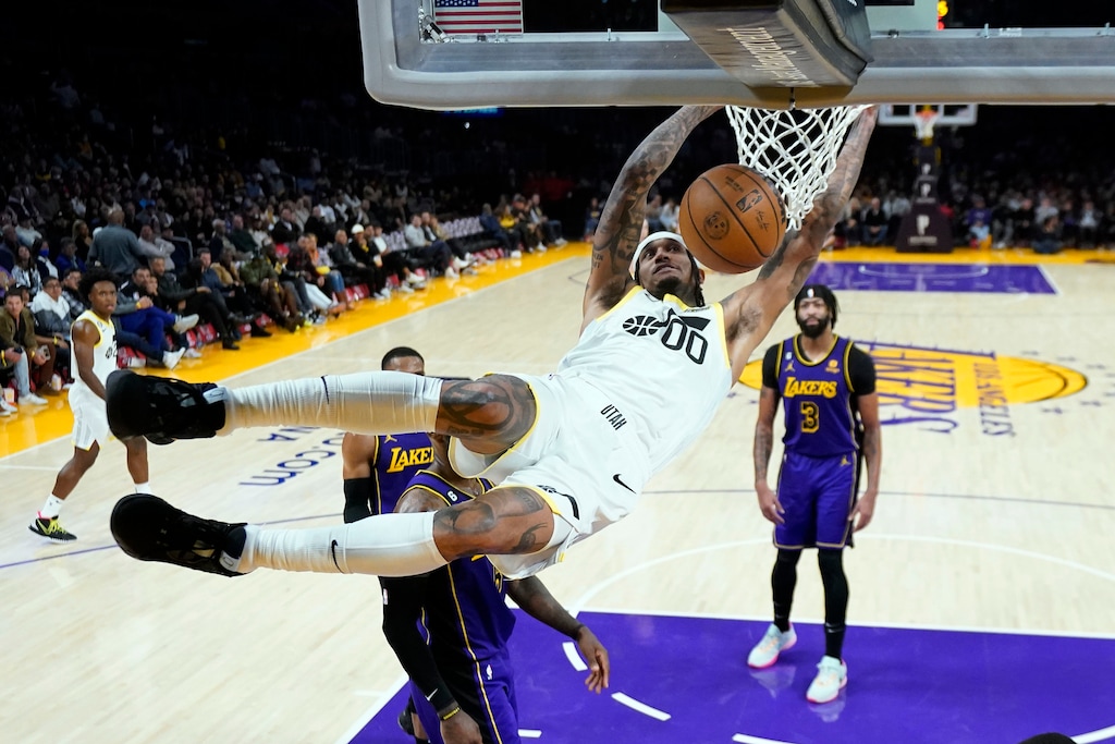 (Marcio Jose Sanchez | AP) Utah Jazz guard Jordan Clarkson (00) dunks against the Los Angeles Lakers during the second half of an NBA basketball game Friday, Nov. 4, 2022, in Los Angeles.