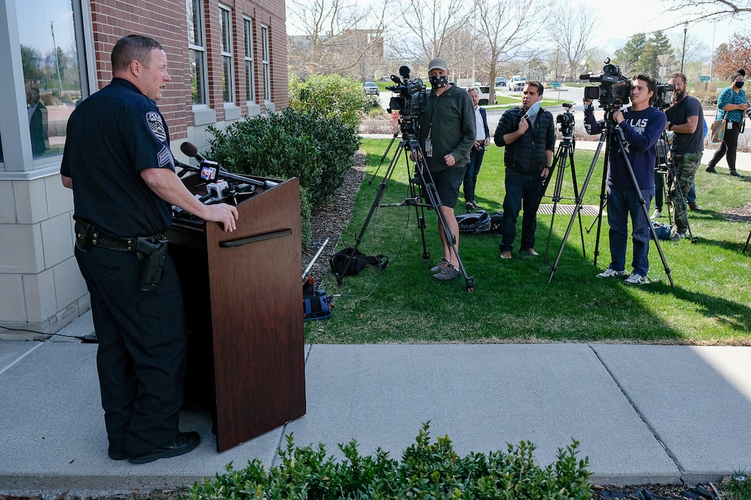 (Francisco Kjolseth  |  The Salt Lake Tribune) West Jordan police spokesman Sgt. J.C. Holt announces a suspect during a press conference on Monday, April 20, 2020, in connection with the double homicide of Tony and Katherine Butterfield who were killed in an apparent home invasion in West Jordan early Saturday. Albert Enoch Johnson, 31, described as 5'10'' and 270-pounds was announced as a person of interest.
