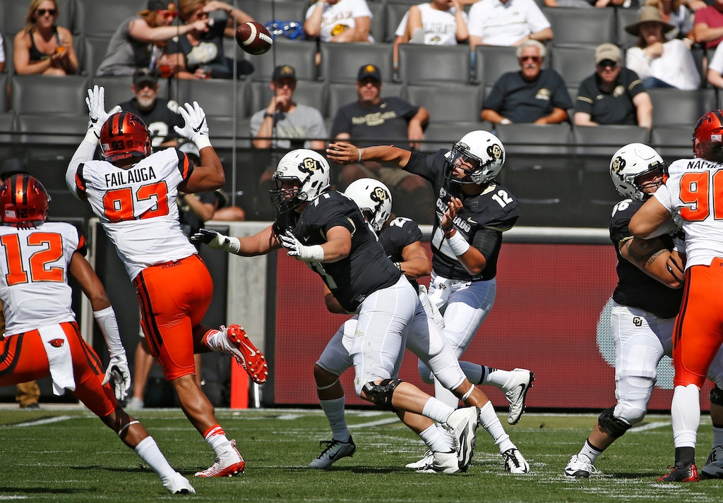 Colorado quarterback Steven Montez (12) throws a pass against Oregon State in 2016. He'll be the Buffaloes' starter this season. (AP Photo/Brennan Linsley)