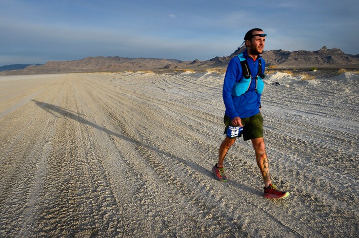 (Scott Sommerdorf | The Salt Lake Tribune)
Alex Doolan walks the last mile of the Salt Flats 100 Endurance Run, Saturday, May 5, 2018.
