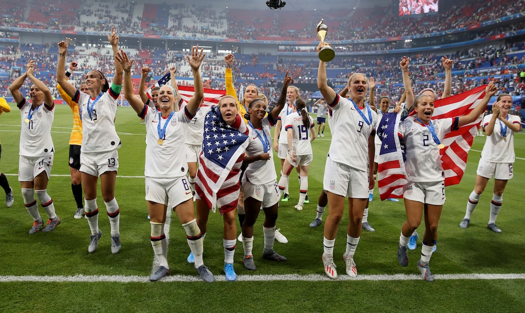 (David Vincent | AP) United States players celebrate their victory in the Women's World Cup final soccer match between US and The Netherlands at the Stade de Lyon in Decines, outside Lyon, France, Sunday, July 7, 2019. US won 2:0.