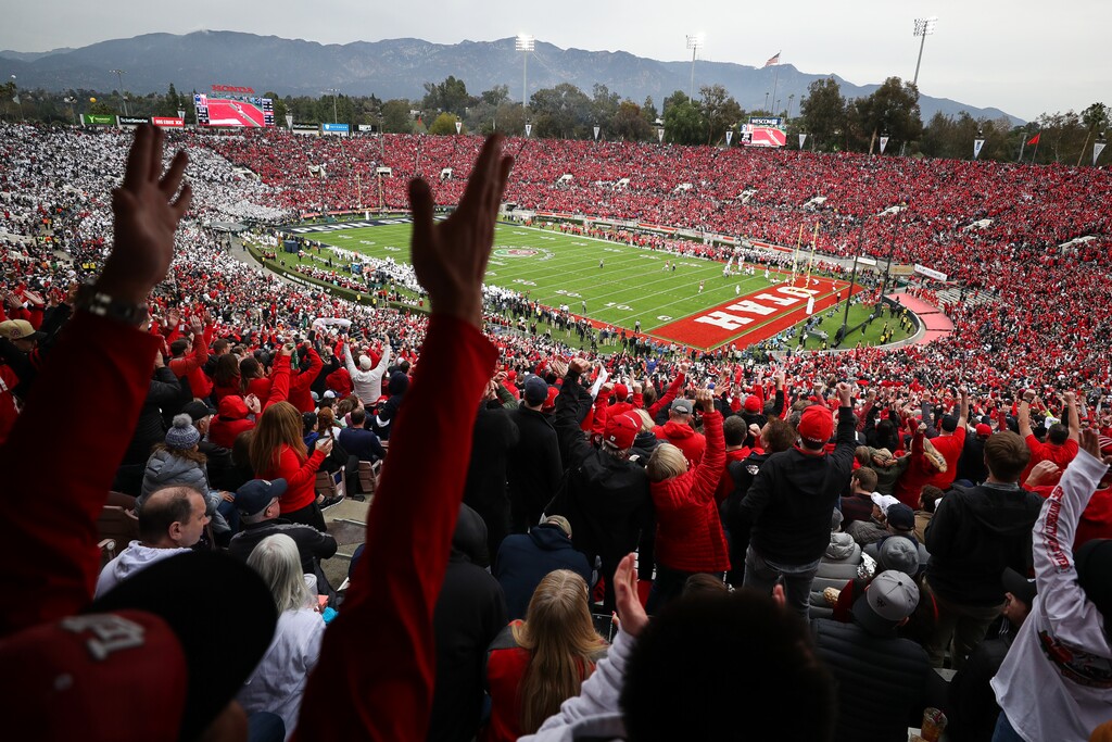 (Meg Oliphant | Special to The Tribune) Fans celebrate a touchdown by the Utah Utes in the second quarter against the Penn State Nittany Lions at Rose Bowl Stadium on Jan. 2, 2023 in Pasadena, Calif.